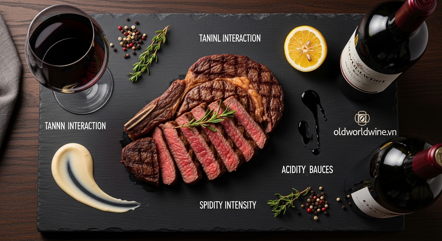 Nguyên tắc kết hợp rượu vang đỏ với thịt bò: steak chín vừa, rượu vang và các yếu tố nước sốt