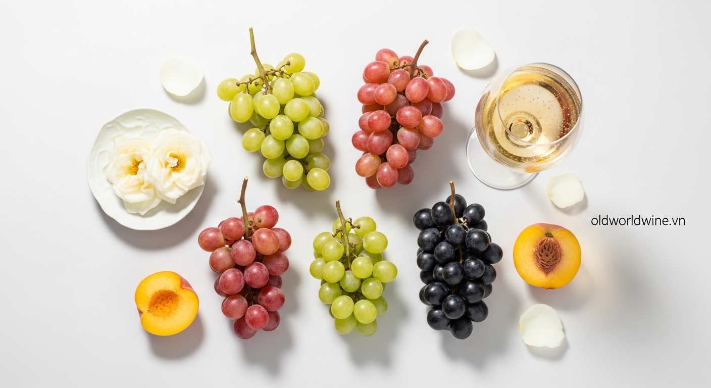 Hình ảnh giống nho Muscat nhiều màu và ly rượu Moscato sủi tăm, phong cách tối giản, nền sáng sang trọng