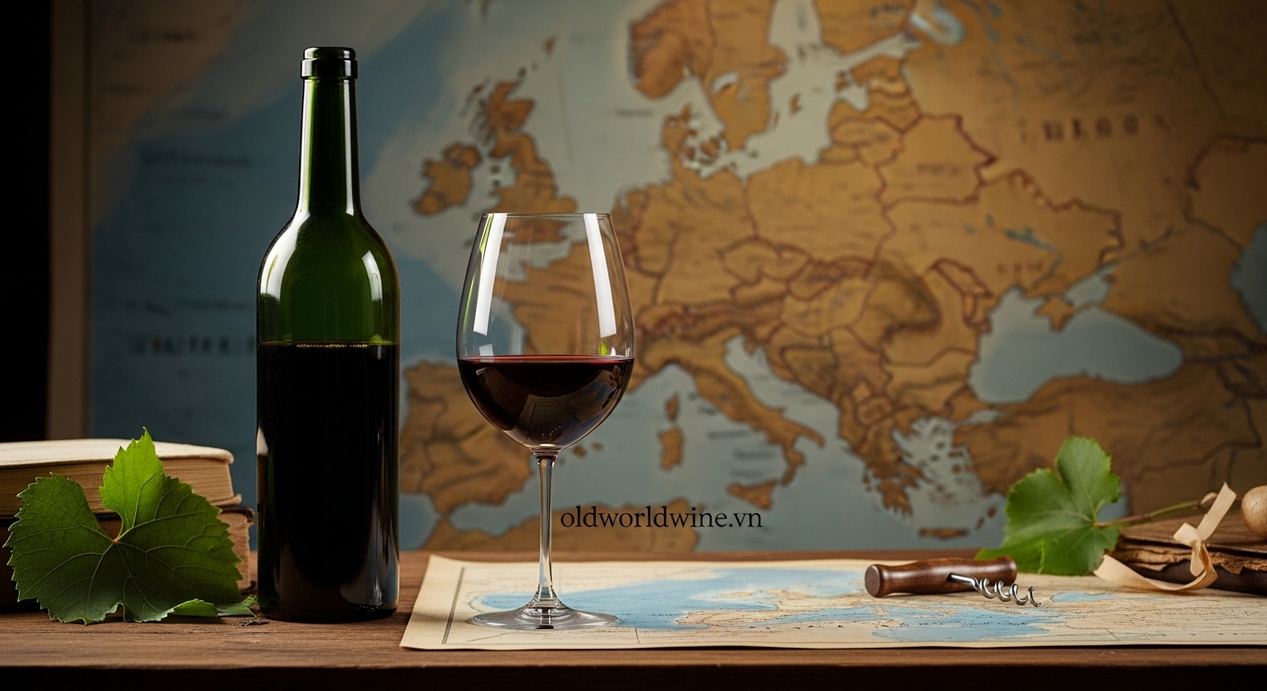 A classic Old World wine scene with a glass of red wine, antique bottle, and European map evoking tradition, terroir, and history.