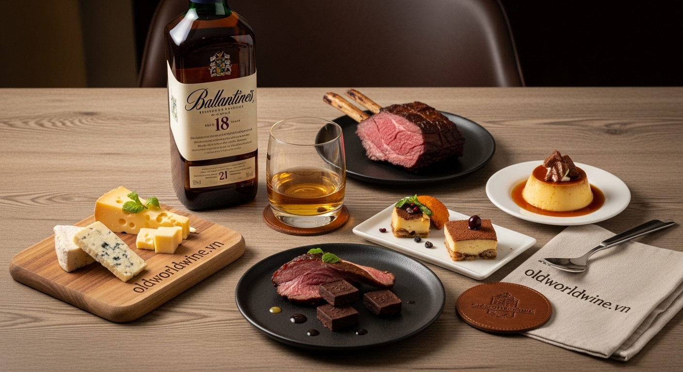 Hình ảnh chai và ly Ballantine’s 18 hoặc 21 Year Old whisky được kết hợp với các món ăn phương Tây gồm phô mai Cheddar và Blue cheese, thịt hun khói, socola đen, cùng món tráng miệng caramel và tiramisu, tạo nên trải nghiệm thưởng thức whisky và ẩm thực hài hòa, tinh tế.