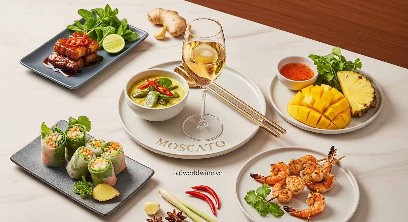 Rượu vang Moscato kết hợp món ăn châu Á: gỏi cuốn, thịt kho, hải sản nướng, trái cây nhiệt đới và gia vị
