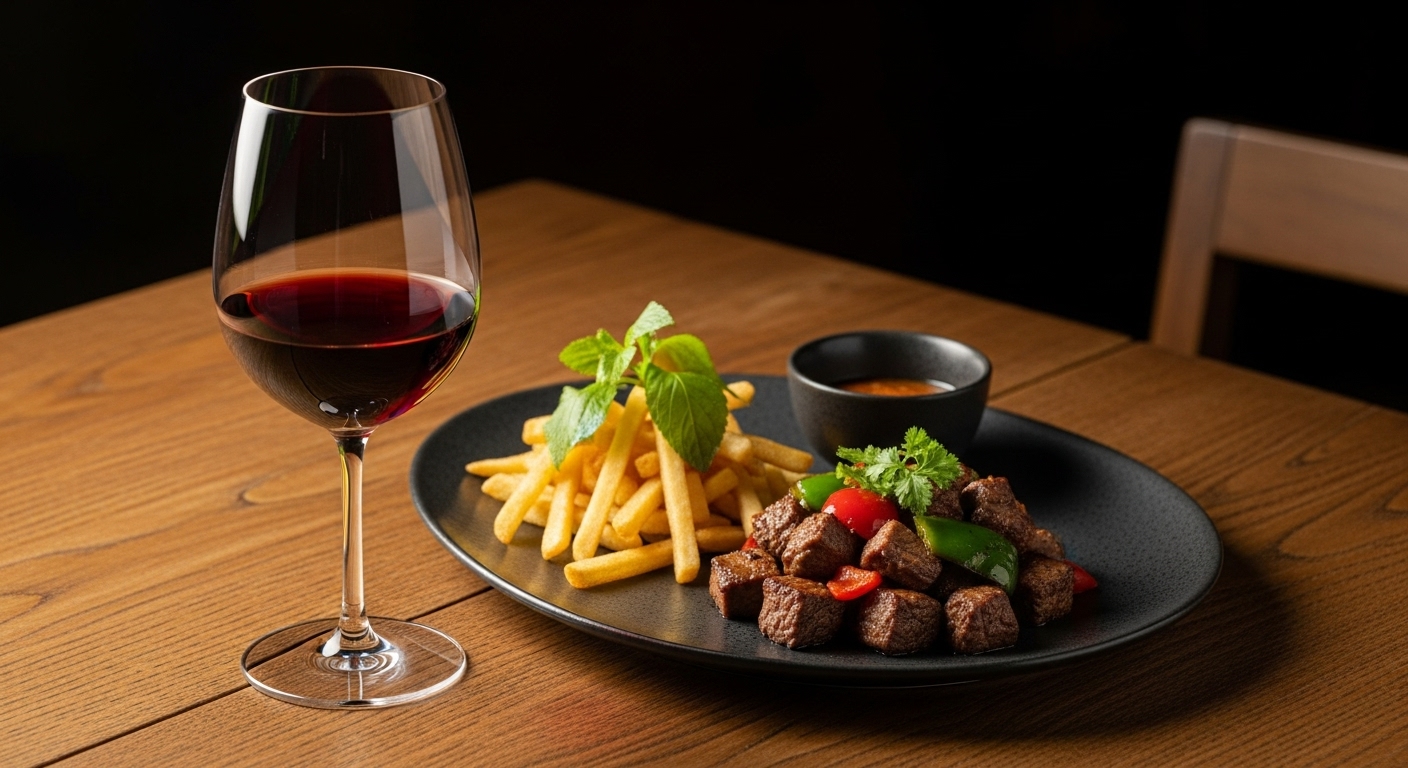 Ly Barolo DOCG từ Nebbiolo kết hợp hoàn hảo cùng món bò lúc lắc Việt Nam.