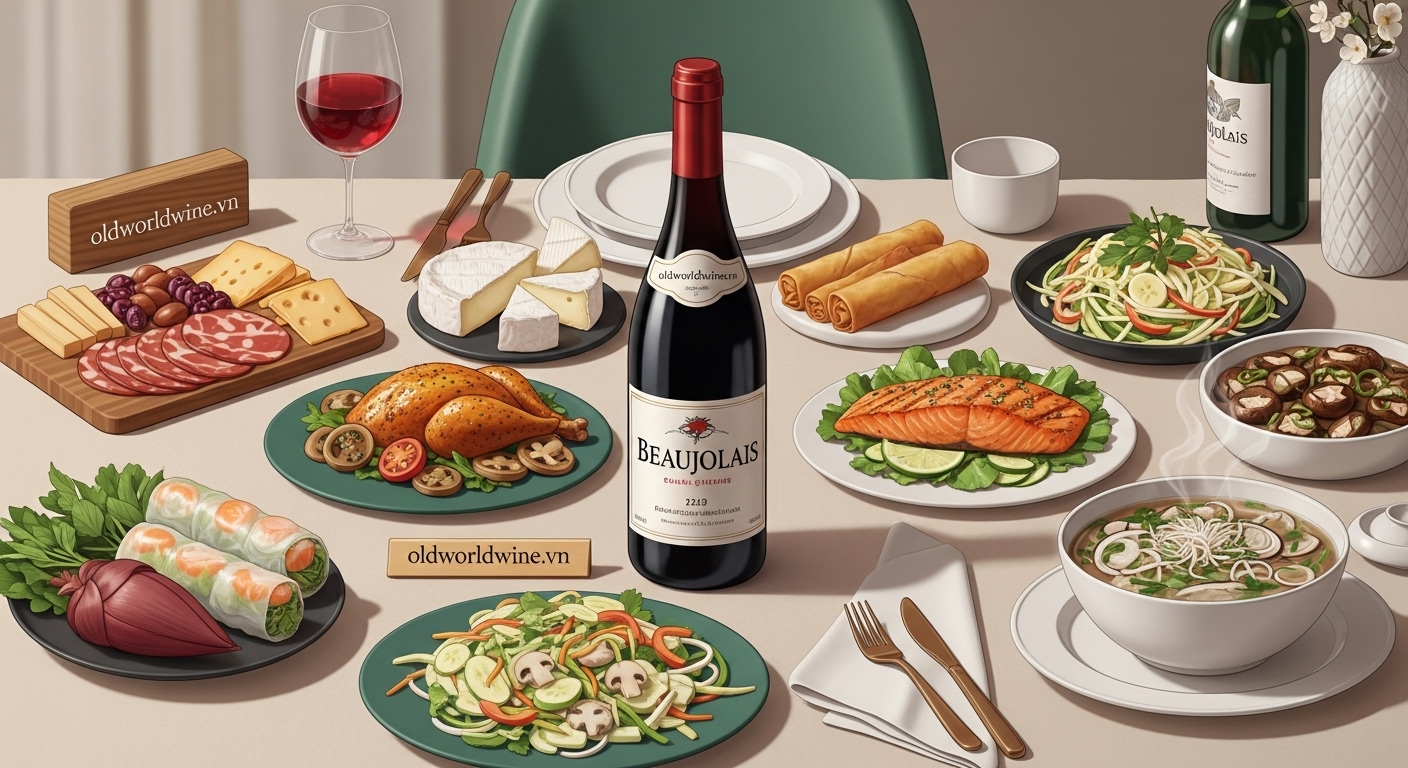 Ảnh minh họa kết hợp rượu vang Beaujolais với món ăn Âu và Việt như phô mai, charcuterie, gà quay, nem rán và phở bò