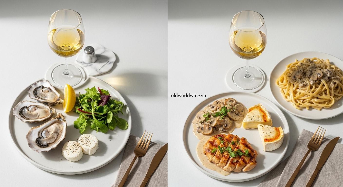Kết hợp rượu vang Chardonnay với hải sản, phô mai và món Âu theo phong cách ủ gỗ và không ủ gỗ