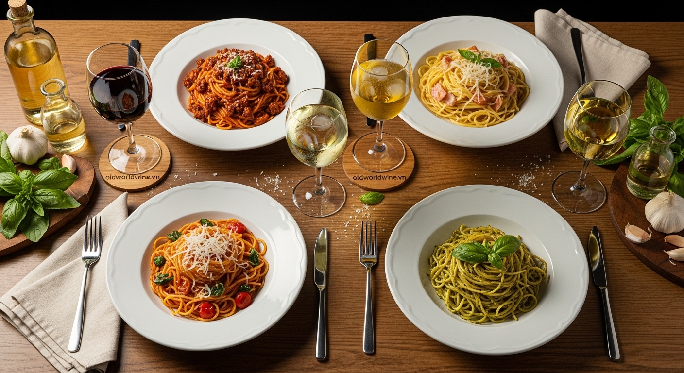 Mì Spaghetti kết hợp cùng các loại rượu vang phù hợp như Chianti và Sauvignon Blanc