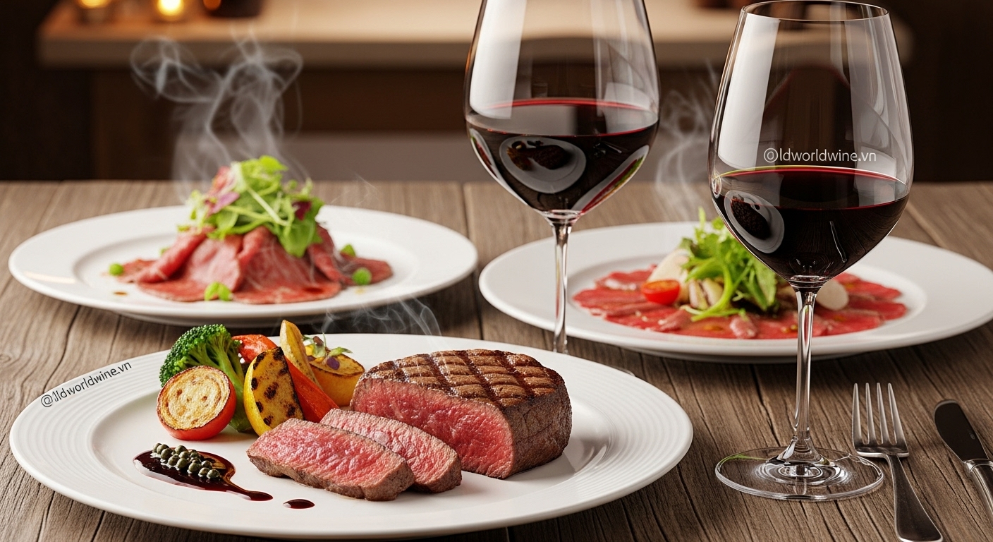 Nguyên tắc pairing rượu vang với thịt bò: steak nướng kết hợp rượu vang đỏ trong không gian ẩm thực sang trọng.