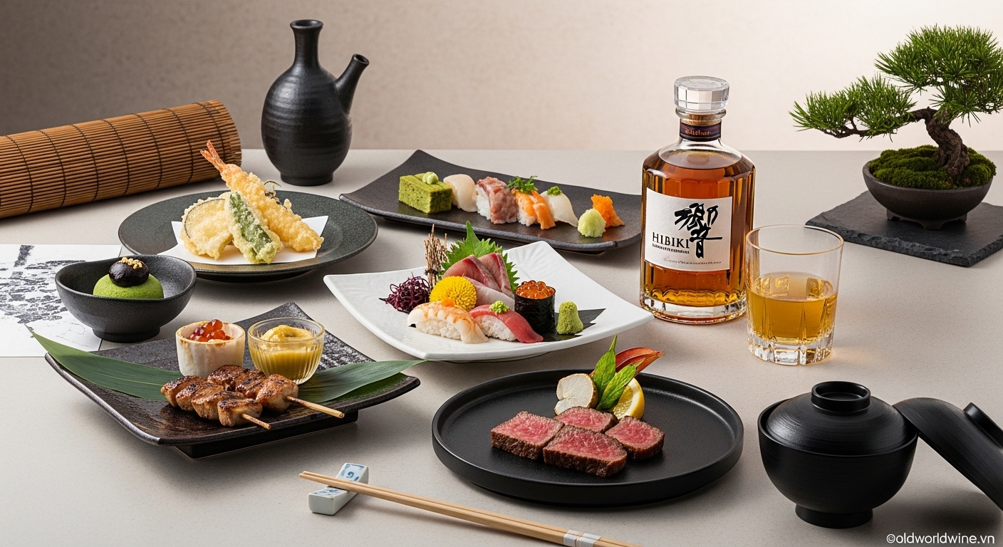 Hình ảnh bữa ăn kiểu Nhật sang trọng gồm sushi, tempura, thịt bò Wagyu, yakitori và món tráng miệng matcha, được bày biện tinh tế bên ly whisky Hibiki, thể hiện sự hòa quyện tự nhiên và đỉnh cao giữa ẩm thực Nhật Bản và rượu whisky Nhật.