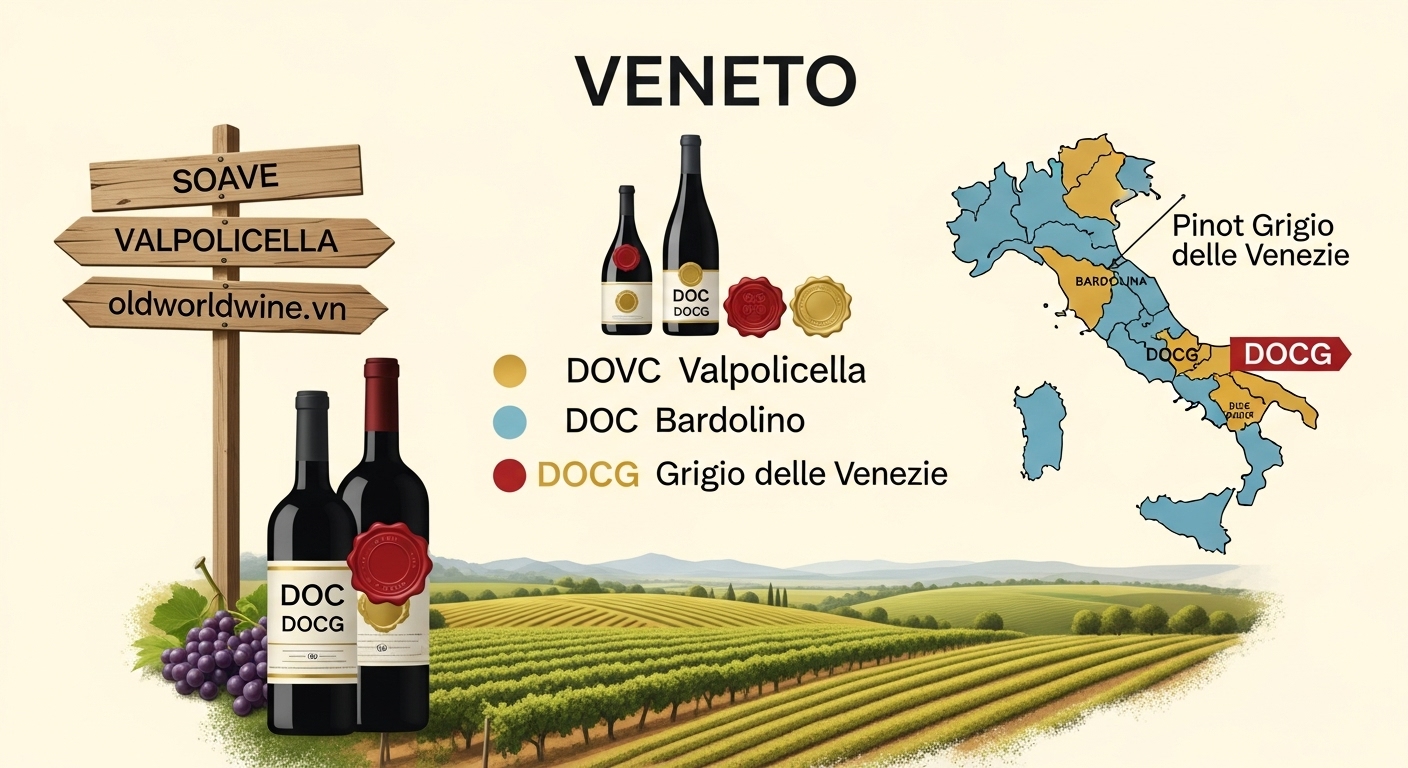 Minh họa hệ thống phân hạng DOC và DOCG của vùng rượu vang Veneto với các vùng Soave, Valpolicella và Bardolino