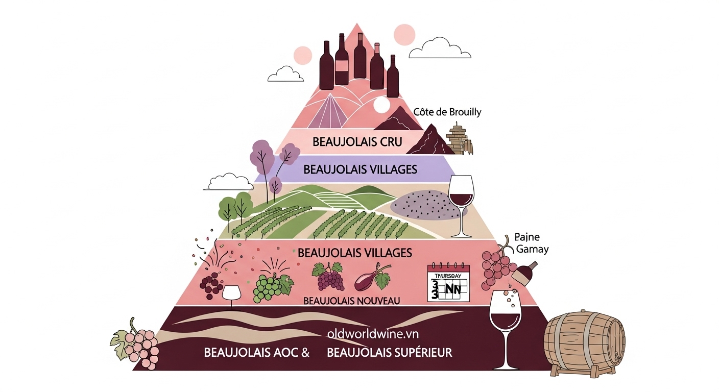 Minh họa kim tự tháp phân loại rượu vang Beaujolais từ cấp phổ thông đến Beaujolais Cru