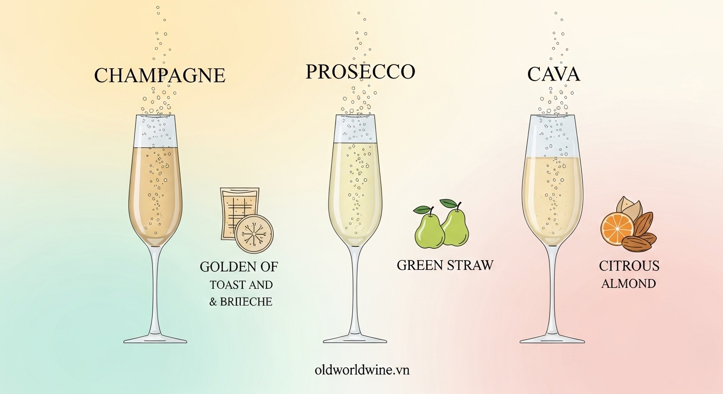 "Minh họa ba loại rượu vang sủi nổi tiếng: Champagne từ Pháp, Prosecco từ Ý và Cava từ Tây Ban Nha với bọt khí mịn và hương vị đặc trưng."