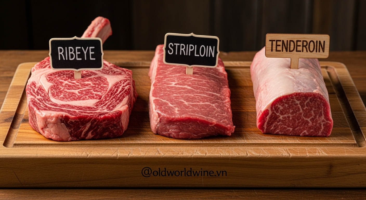 Ba phần thịt bò làm bít tết: ribeye nhiều vân mỡ, striploin đậm đà, tenderloin mềm và tinh tế