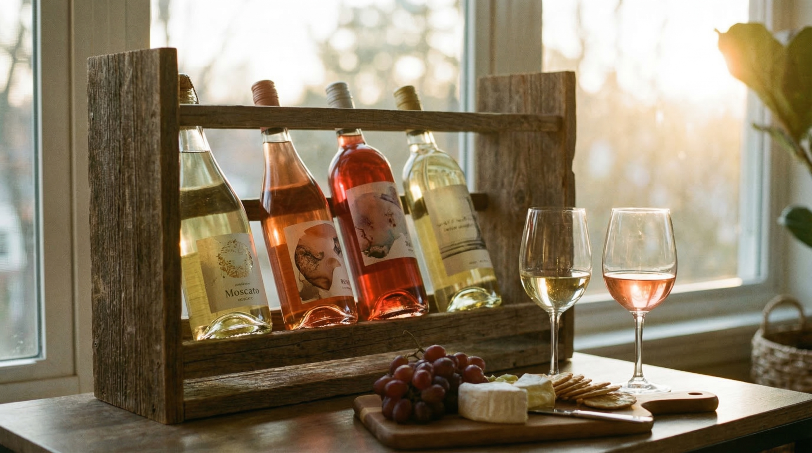 Các loại rượu vang dễ uống cho người mới gồm vang sủi Moscato, vang hồng Rosé, vang trắng và vang đỏ nhẹ được trưng bày cùng bảng phô mai