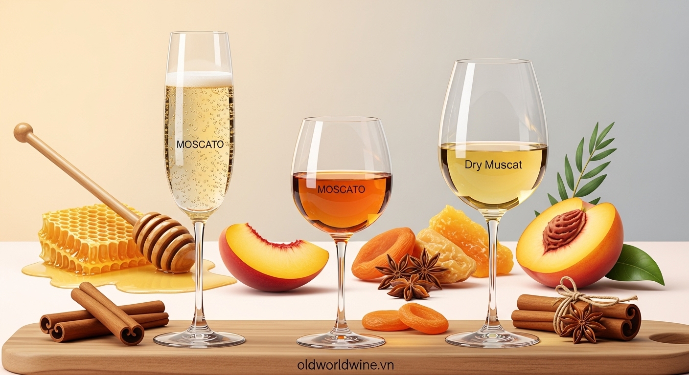Ba phong cách rượu Moscato: vang sủi, vang ngọt cường hóa và vang khô – minh họa với hương mật ong, trái cây và gia vị đặc trưng