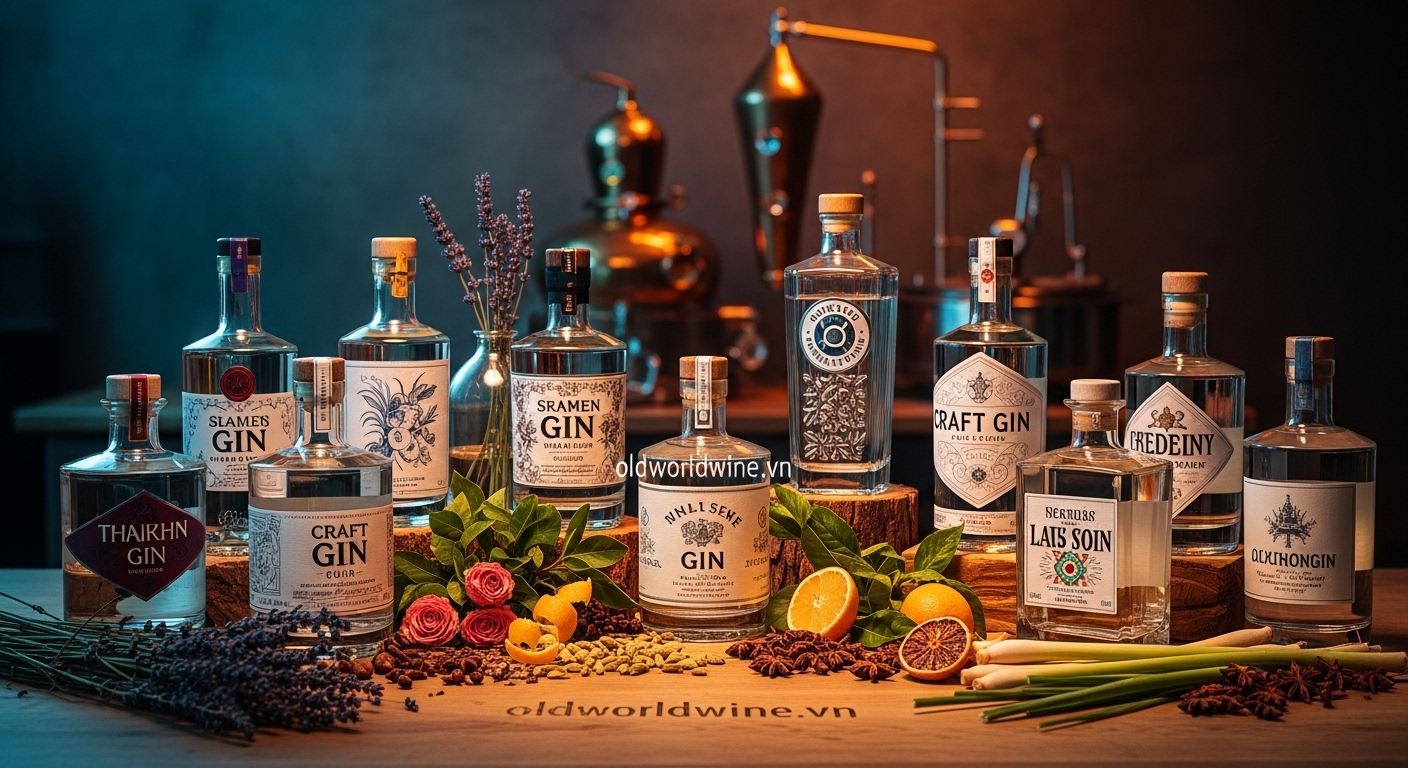 Hình ảnh tái hiện phong trào phục hưng Gin toàn cầu thế kỷ 21 với nhiều chai Gin thủ công và nguyên liệu botanicals độc đáo như thảo mộc, hoa, trái cây, gia vị.