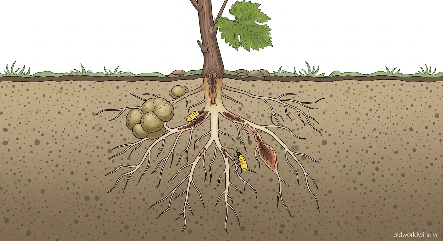 Hình ảnh minh họa rệp Phylloxera tấn công rễ cây nho và gây tổn thương nghiêm trọng