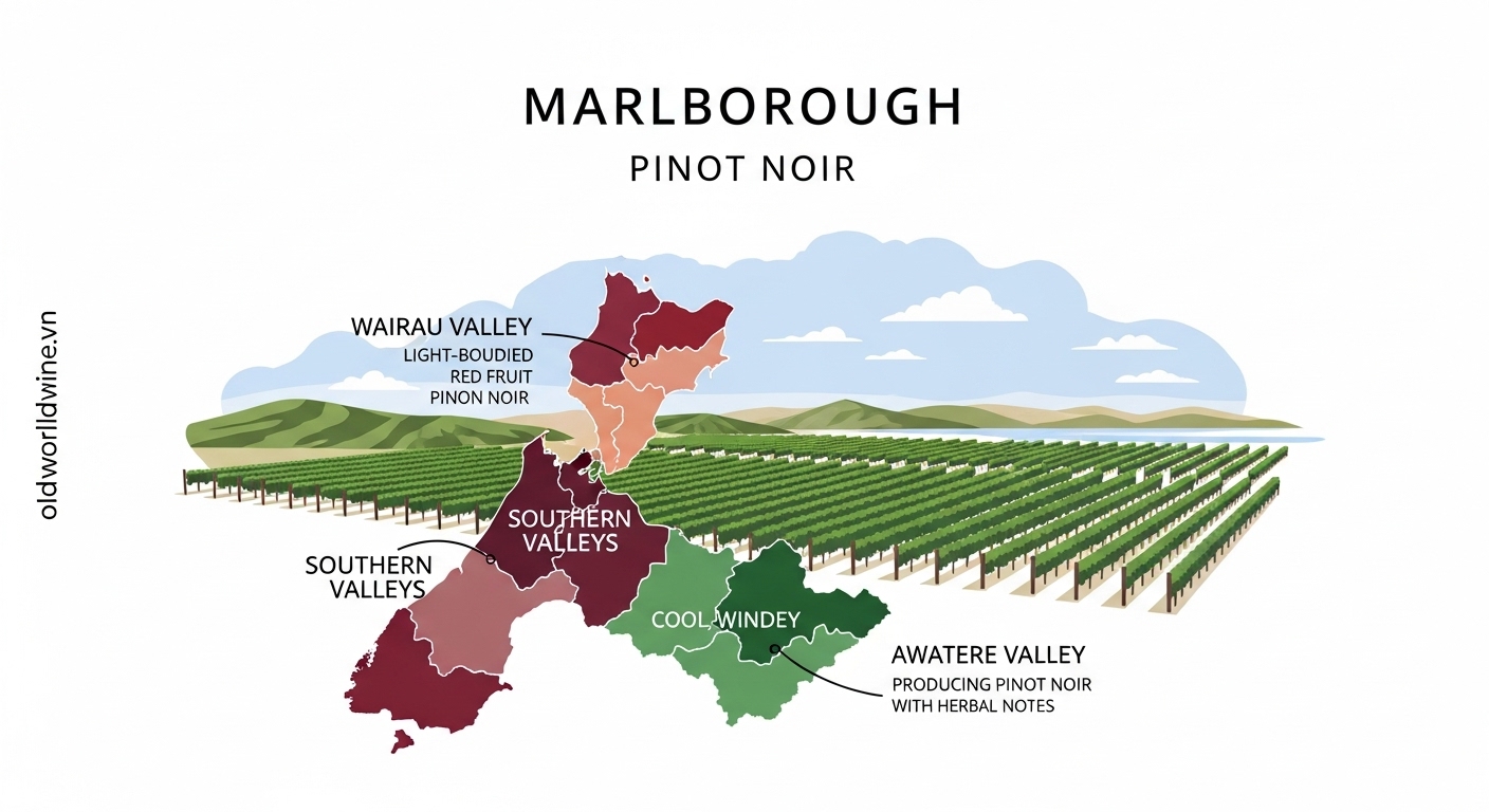 Ảnh minh họa Pinot Noir Marlborough New Zealand – phong cách thanh lịch với ba tiểu vùng Wairau, Southern Valleys và Awatere