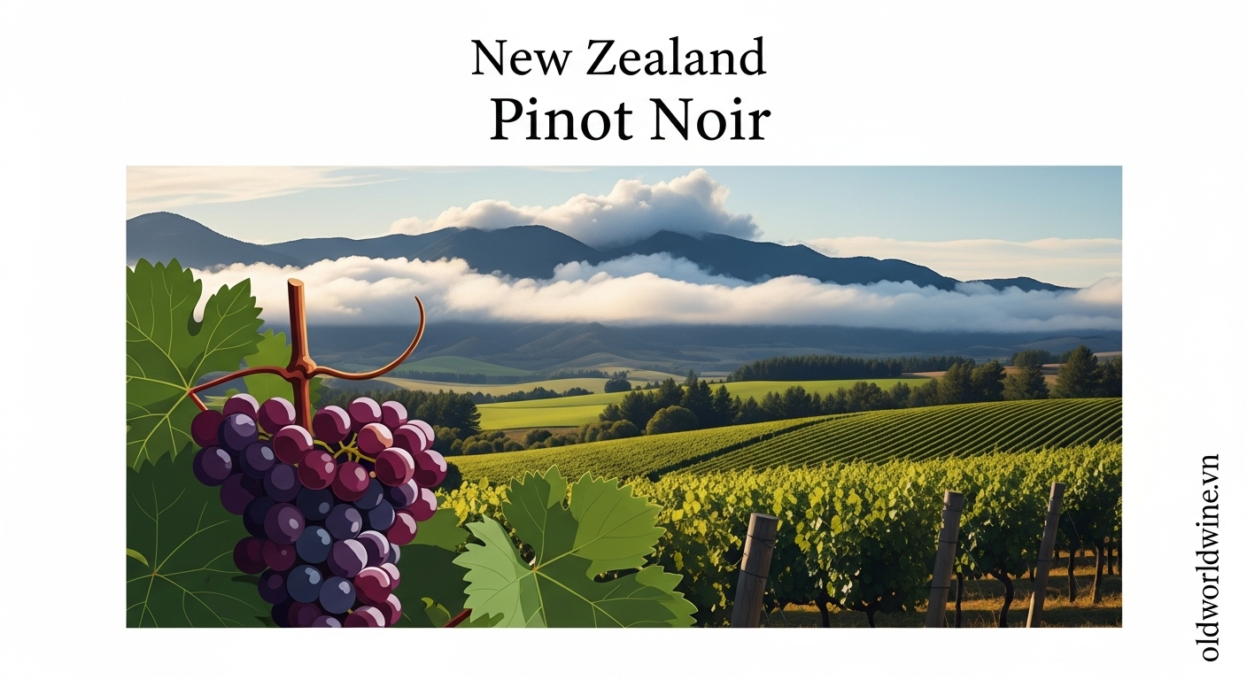 Ảnh minh họa Pinot Noir New Zealand – vườn nho Central Otago và Marlborough dưới bầu trời dải mây trắng dài