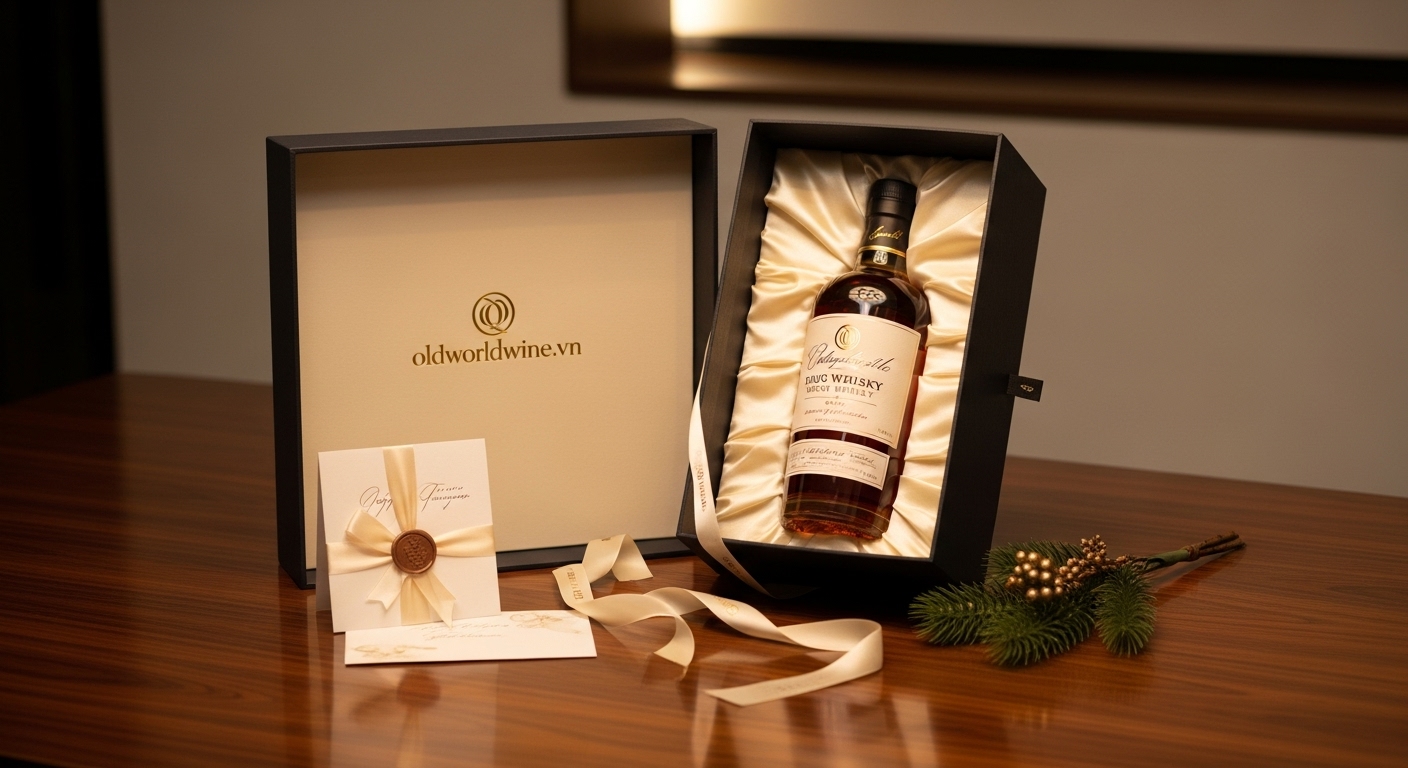 Hình ảnh hộp quà whisky cao cấp được trình bày sang trọng trên nền gỗ tối, thể hiện giá trị và đẳng cấp của món quà biếu trong các dịp quan trọng.