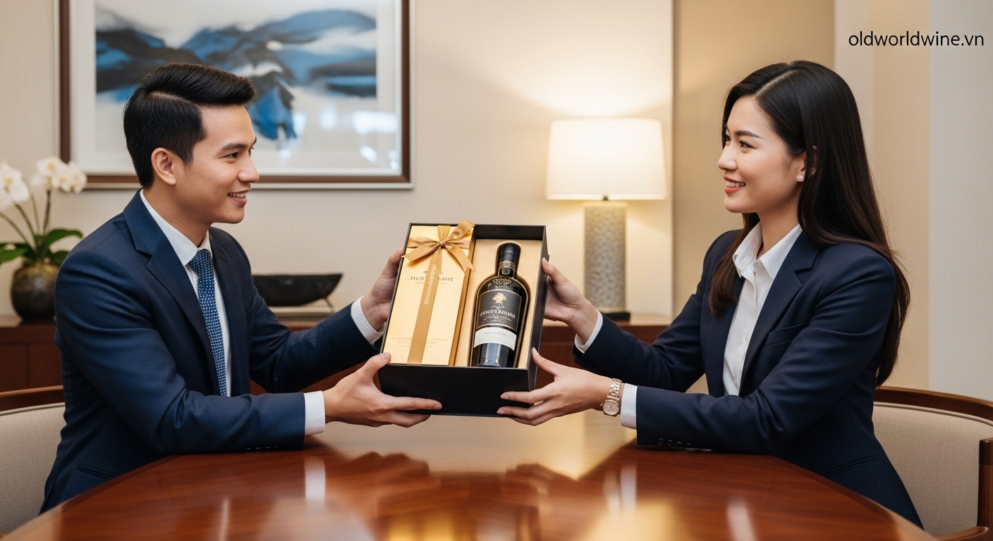 Hình ảnh doanh nhân Việt Nam trao tặng rượu vang hoặc whisky cao cấp như một món quà trang trọng và tinh tế, phản ánh văn hóa quà tặng và giao thương hiện đại tại Việt Nam.