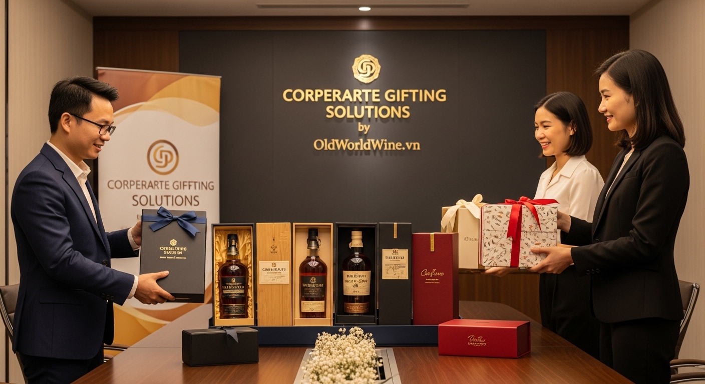 Hộp quà rượu vang và whisky cao cấp dành cho doanh nghiệp, được đóng gói sang trọng trong sự kiện tri ân khách hàng.