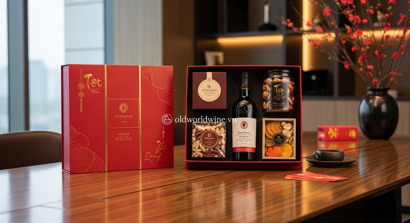 Hộp quà Tết cao cấp dành cho doanh nghiệp với rượu vang, đặc sản và bao bì sang trọng, mang đậm tinh thần tri ân và đầu tư chiến lược trong kinh doanh tại Việt Nam.