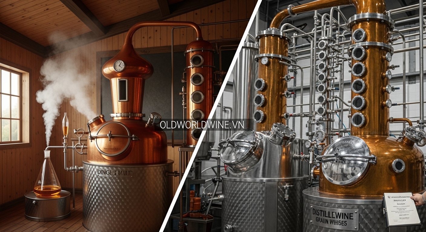 Hình ảnh mô tả quá trình chưng cất trong sản xuất whisky Ballantine’s, bao gồm nồi đồng pot still cho whisky mạch nha và tháp chưng cất column still cho whisky ngũ cốc, thể hiện sự kết hợp giữa truyền thống và công nghệ hiện đại trong việc tạo ra rượu thô tinh khiết.