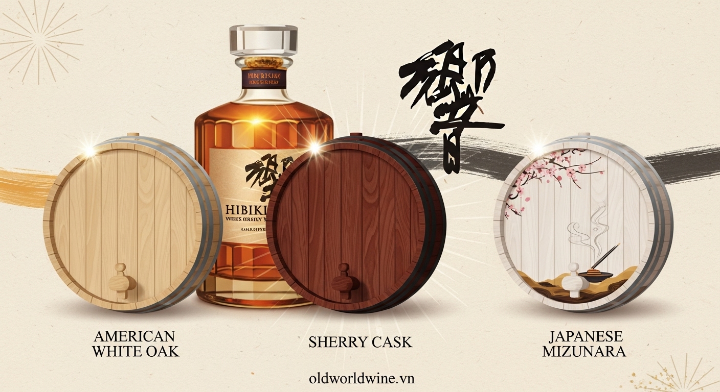 Hình minh họa tinh tế quá trình ủ whisky Hibiki trong ba loại thùng gỗ: sồi trắng Mỹ, sồi Sherry, và đặc biệt là thùng gỗ sồi Mizunara Nhật Bản, với hiệu ứng ánh sáng và phong cách nghệ thuật Nhật Bản thể hiện chiều sâu và sự phức tạp hương vị.