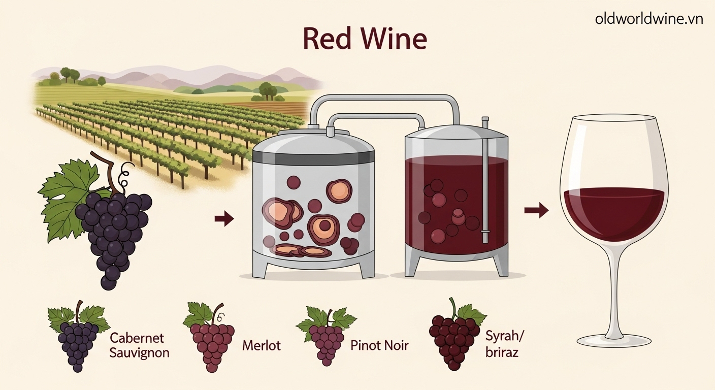 Quy trình làm vang đỏ từ nho vỏ sẫm, ngâm vỏ (maceration) tạo nên màu sắc, tannin và hương vị đặc trưng.