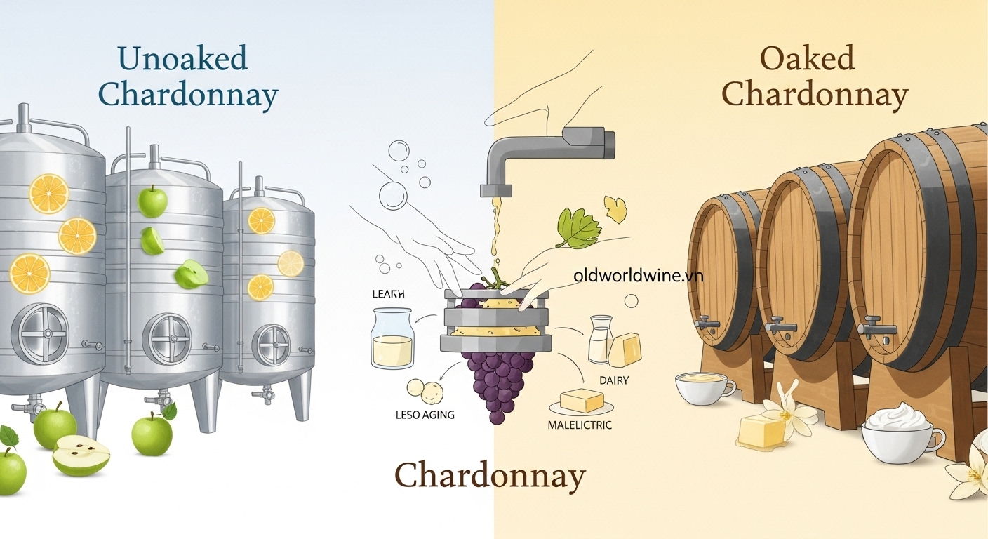Hình ảnh quy trình sản xuất rượu Chardonnay với phong cách không ủ và ủ gỗ