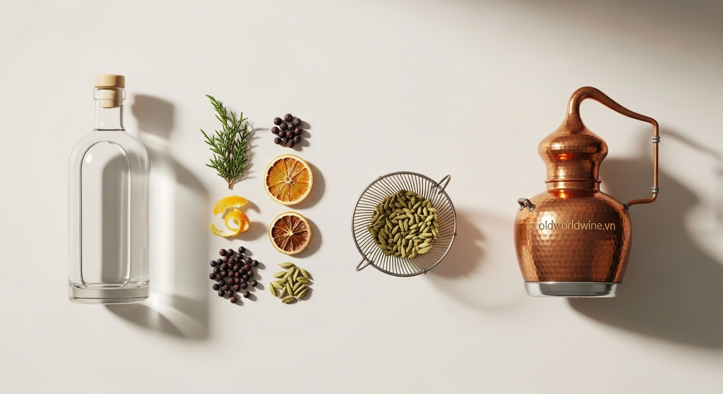 Quy trình tạo hương vị cho rượu Gin: bắt đầu từ rượu nền trung tính, sau đó truyền hương bằng quả bách xù và các loại thảo mộc qua chưng cất hoặc ngâm ủ.