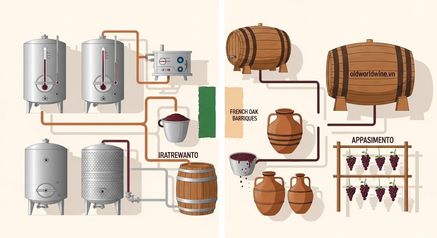 Ảnh minh họa quy trình sản xuất rượu vang Ý hiện đại kết hợp truyền thống – oldworldwine.vn