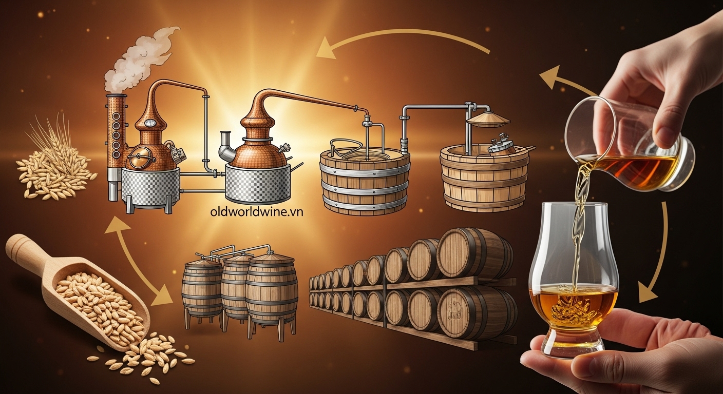 Quy trình sản xuất Scotch Whisky từ lúa mạch đến chưng cất và ủ trong thùng gỗ sồi