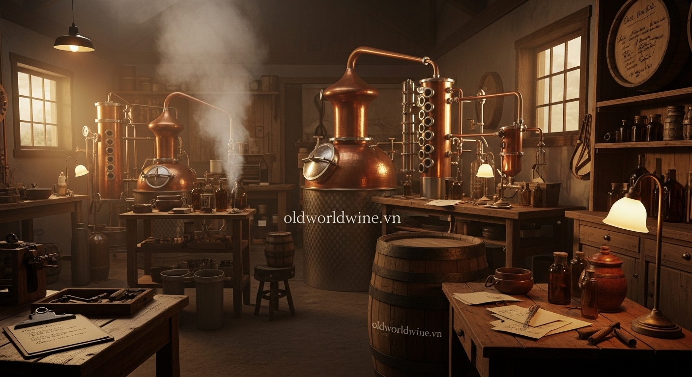 Quang cảnh xưởng chưng cất whisky truyền thống với thùng đồng, hơi nước bốc lên và ánh sáng ấm, thể hiện quy trình sản xuất rượu tinh túy và công phu.