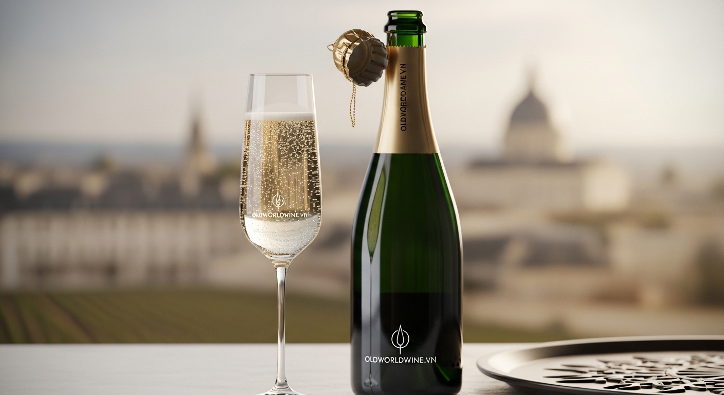 Hình ảnh sang trọng ly Champagne sủi bọt bên chai rượu vùng Champagne, thể hiện tinh thần lễ hội và di sản Pháp