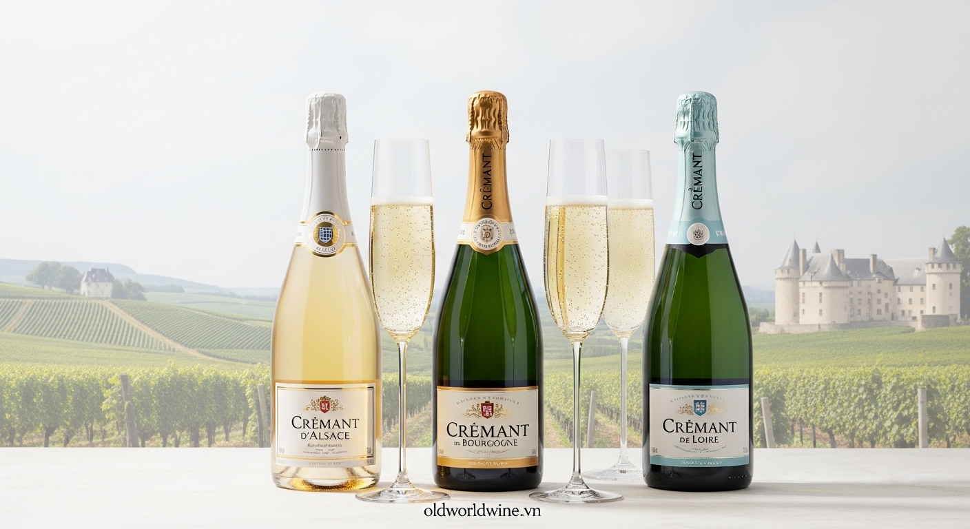 Hình minh họa rượu Crémant Pháp: ba chai từ các vùng khác nhau như Alsace, Bourgogne, Loire với ly rượu sủi, bọt khí mịn và nền là cảnh quan vườn nho Pháp.