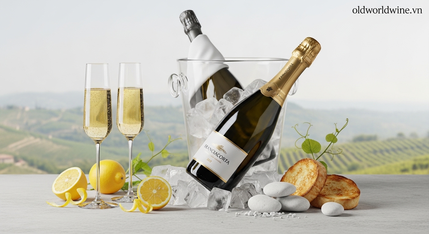 Hình minh họa rượu Franciacorta Ý: chai rượu phong cách Champagne, ly vang sủi với bọt khí mịn, gợi hương bánh mì nướng và vị khoáng đặc trưng vùng Lombardy.