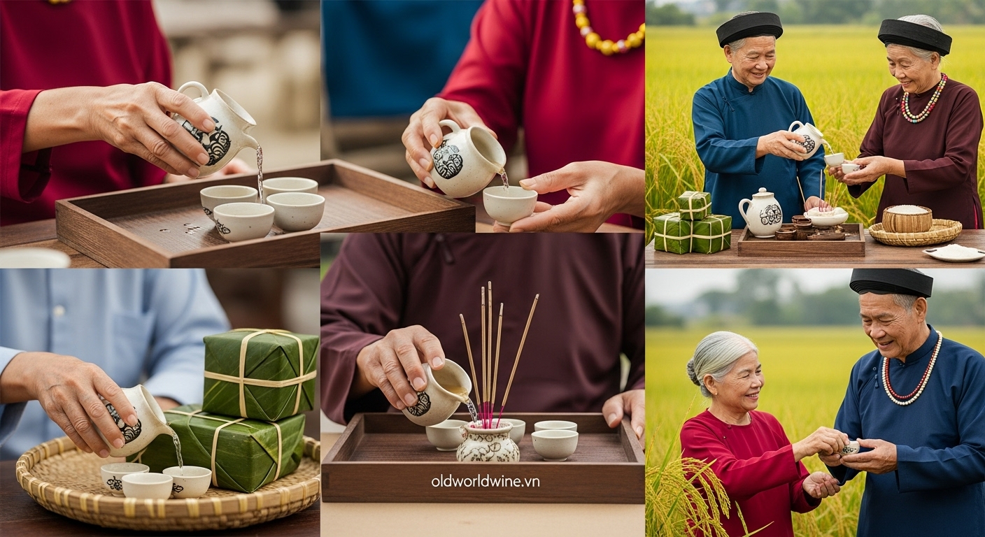 Hình ảnh rượu gạo truyền thống được sử dụng trong bối cảnh lễ nghi hoặc gia đình, thể hiện vai trò văn hóa lâu đời của rượu gạo trong đời sống người dân Á Đông.