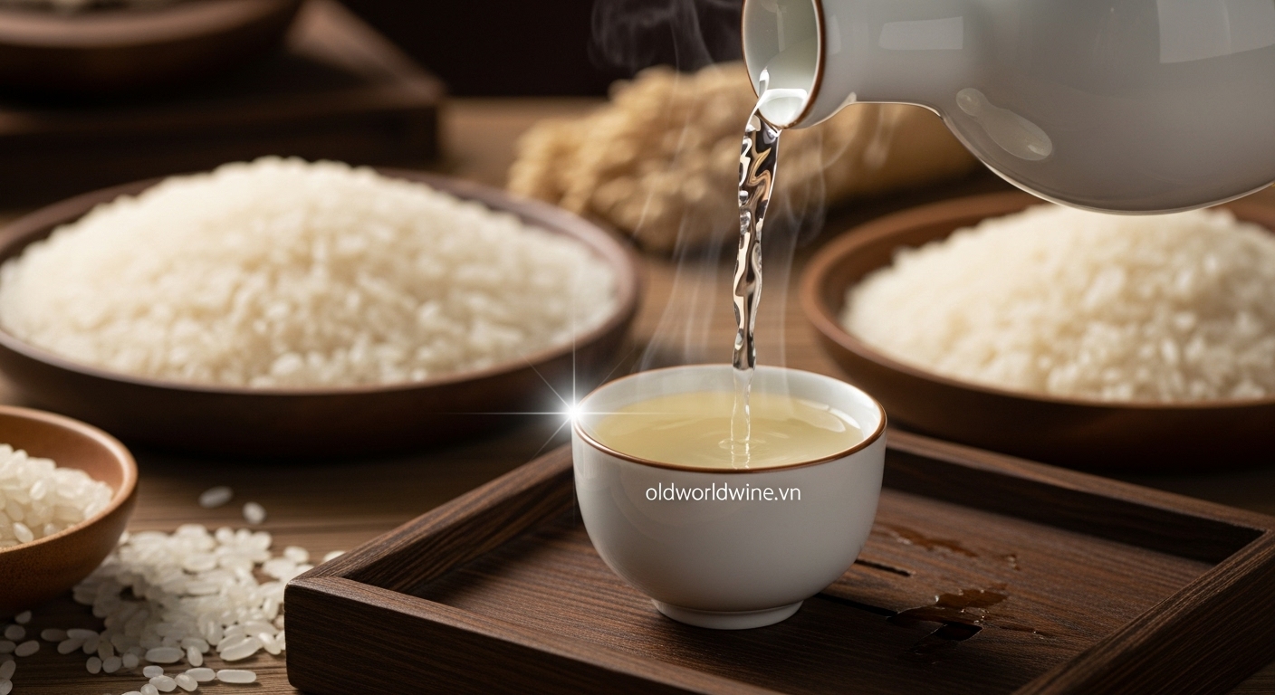 Hình ảnh rượu gạo truyền thống được rót vào chén sứ, với hạt gạo trắng và gạo nếp phía sau, thể hiện quy trình lên men từ gạo – nét đặc trưng trong văn hóa ẩm thực châu Á.