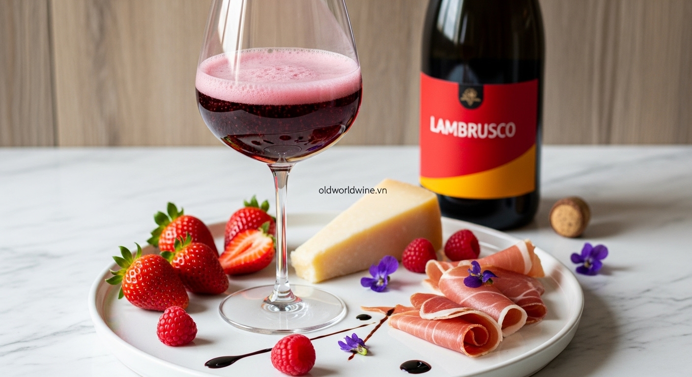 Hình minh họa rượu Lambrusco Ý: ly vang đỏ sủi tăm với bọt khí sống động, trái cây đỏ, thịt nguội Parma, phô mai Parmesan và nền sáng hiện đại.