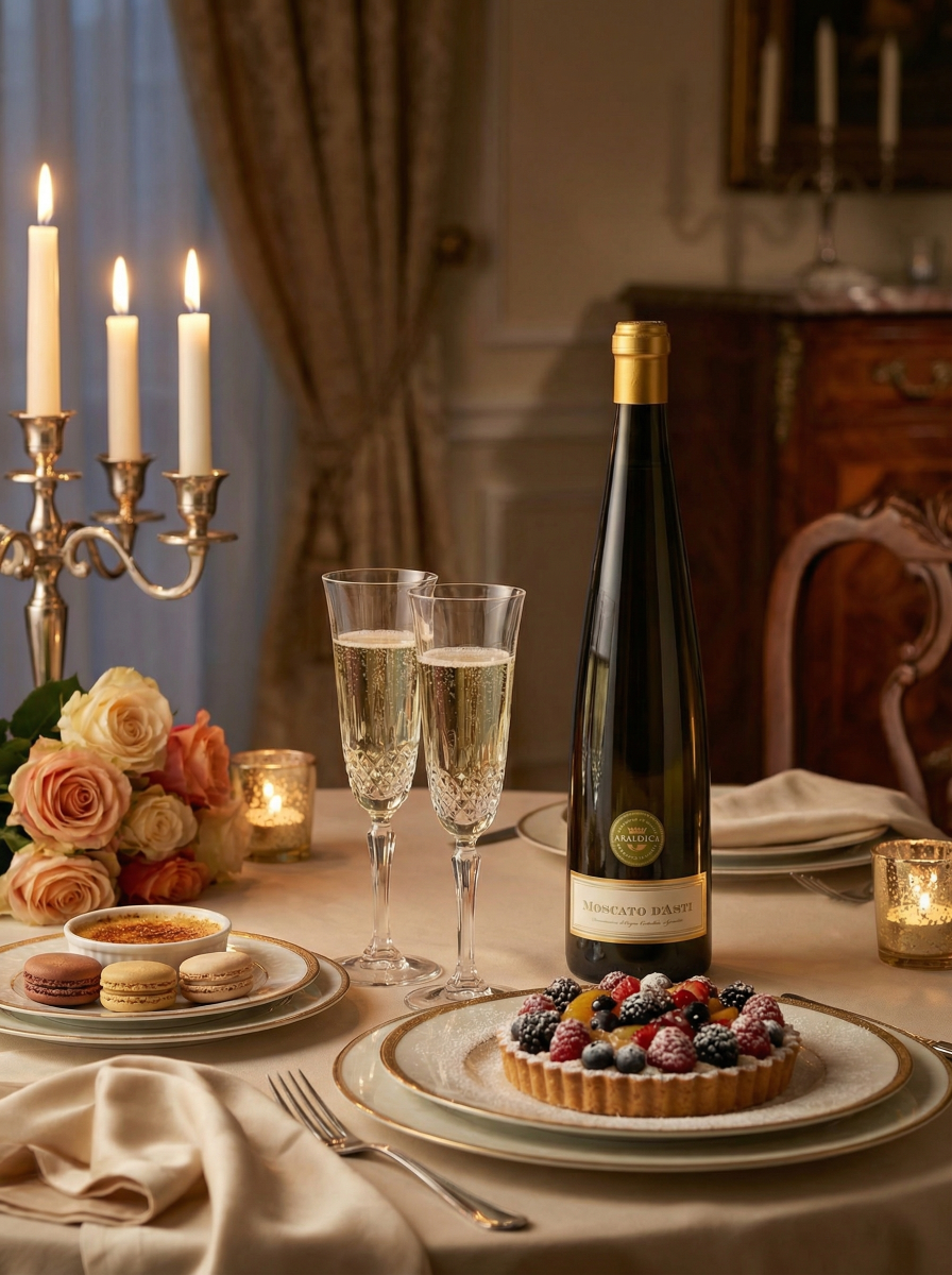 Moscato wine with dessert, romantic table, soft lighting, premium lifestyle, elegant scene