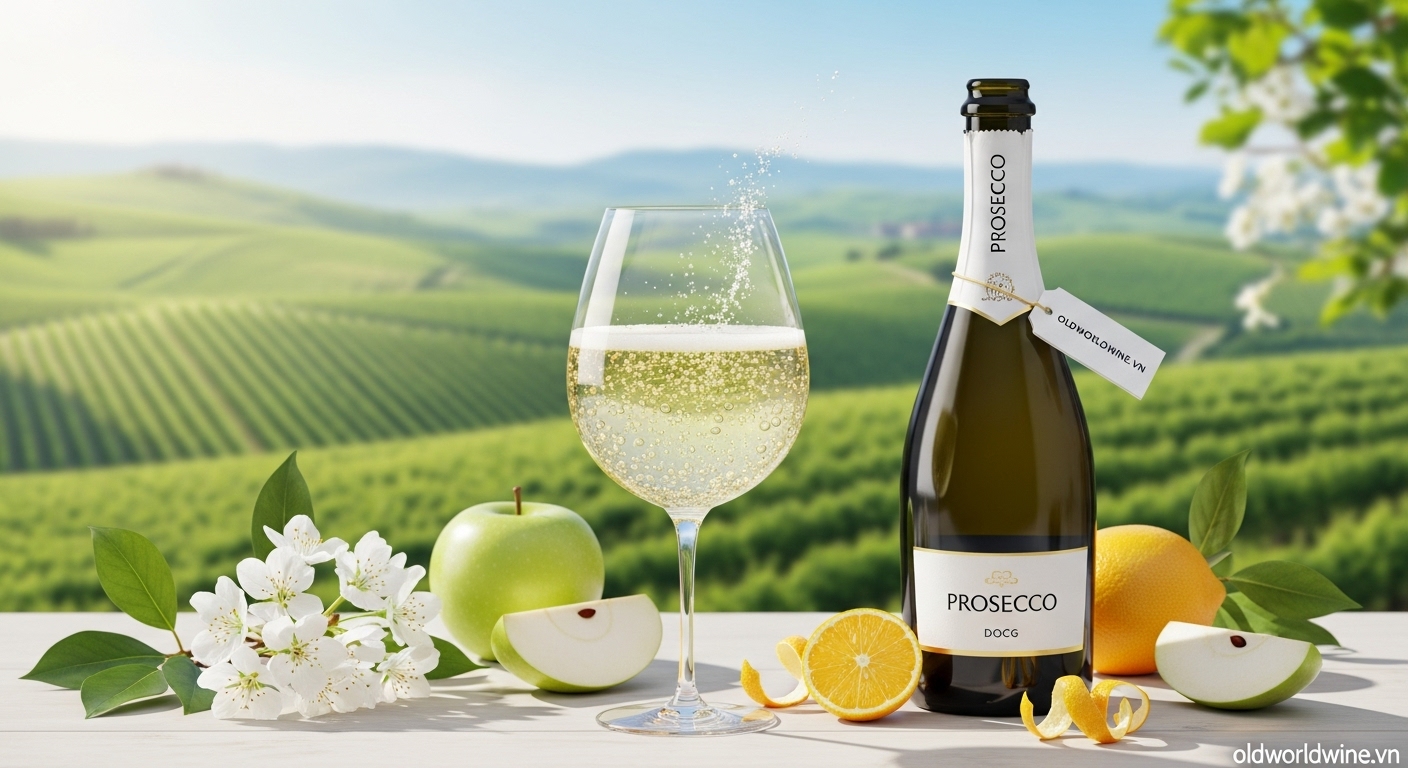 Hình minh họa Prosecco Ý: ly vang sủi với bọt khí lớn, trái cây tươi và hoa trắng, nền là đồi nho vùng Veneto – mang lại cảm giác tươi mát, dễ uống.