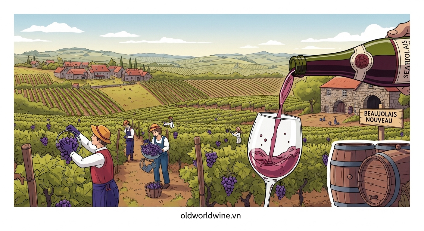 Vùng rượu vang Beaujolais nước Pháp vào mùa thu hoạch, vườn nho Gamay, không khí lễ hội với rượu Beaujolais Nouveau