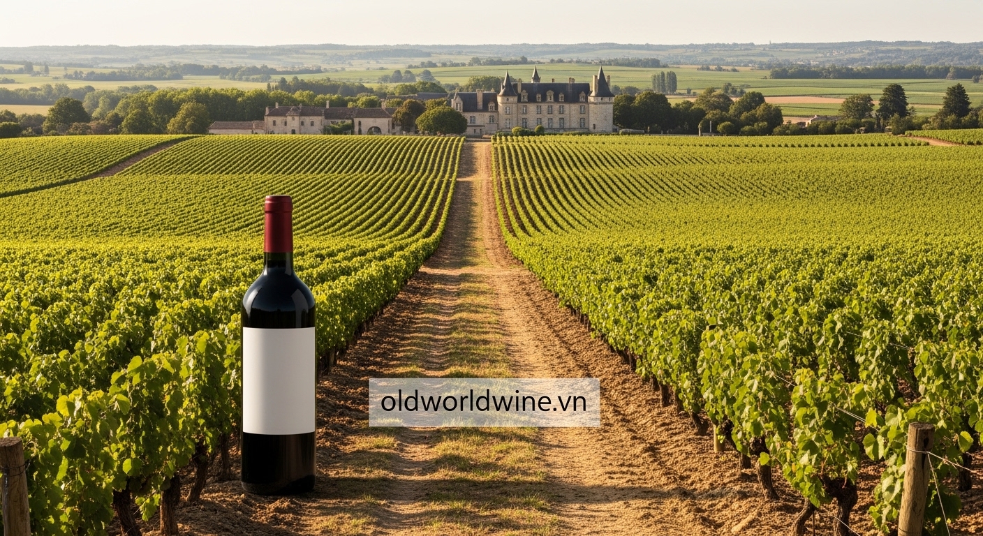 Cảnh quan vùng Bordeaux với vườn nho trải dài và chai rượu vang đỏ biểu trưng, thể hiện đặc trưng vùng sản xuất rượu vang nổi tiếng bậc nhất nước Pháp.