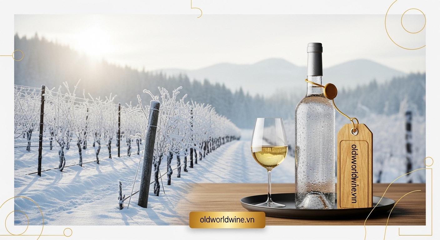 Phong cảnh vườn nho Canada mùa đông với chai Icewine và ly rượu vang trên nền tuyết