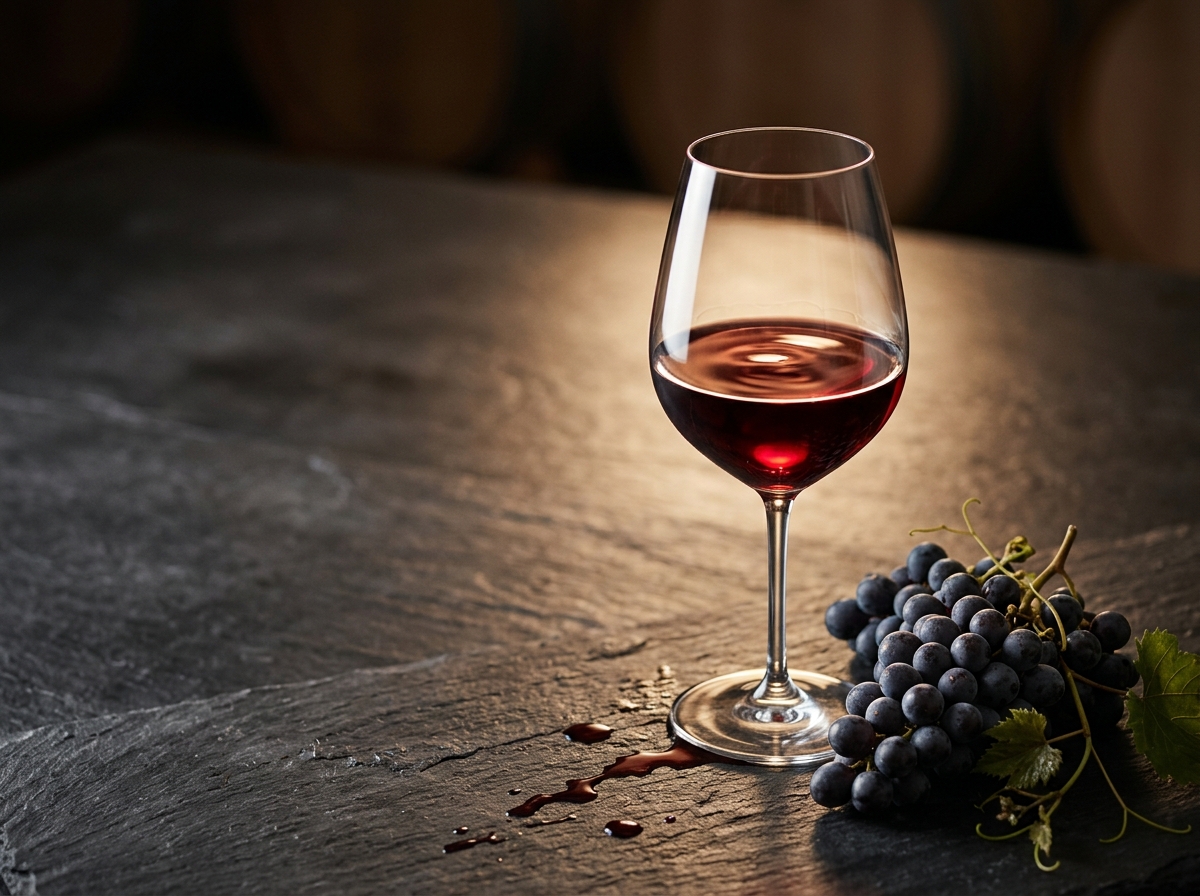 Concept Minimalist Luxury & Science. Cận cảnh (macro) một ly vang đỏ Burgundy sóng sánh đặt trên mặt bàn đá phiến tối màu. Cạnh chân ly là một chùm nho đỏ chín mọng và một vài giọt vang nhỏ xuống mặt đá. Ánh sáng vàng ấm (warm spotlight) hắt từ phía sau tạo hiệu ứng viền sáng (rim light) cho ly vang, gợi lên cảm giác về sự sống và năng lượng. Chừa khoảng trắng (negative space) rộng rãi ở góc trên để duy trì sự tối giản.