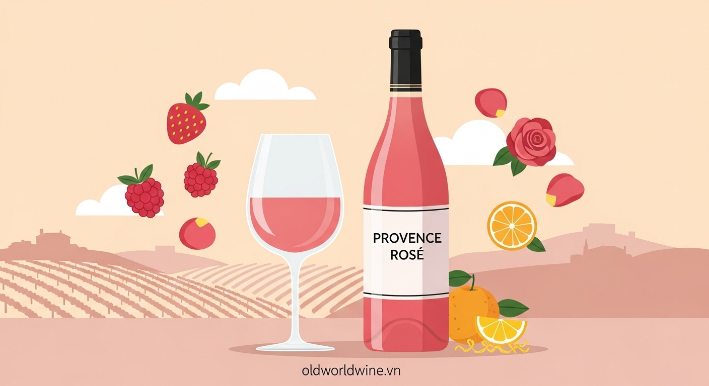 "Minh họa rượu vang hồng Rosé với màu hồng nhạt tinh tế, hương vị dâu tây, mâm xôi và hoa hồng, lấy cảm hứng từ vùng Provence nước Pháp."