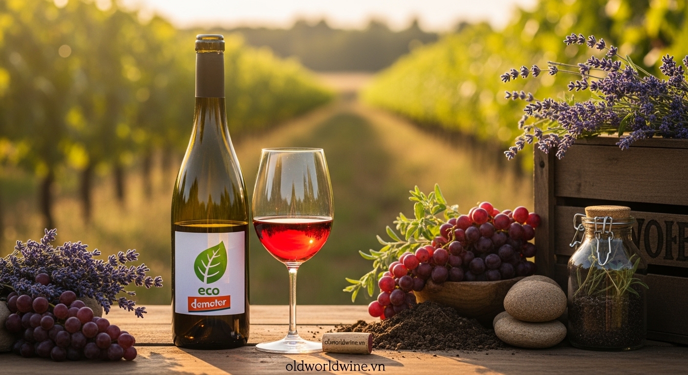 Hình ảnh rượu vang hữu cơ và biodynamic giữa thiên nhiên, thể hiện xu hướng sống xanh và tiêu dùng có trách nhiệm trong thị trường rượu vang cao cấp tại Việt Nam.
