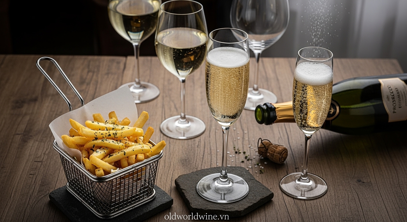 Rượu vang kết hợp khoai tây chiên – Champagne, Sauvignon Blanc, Pinot Grigio, Riesling và Prosecco trên bàn gỗ cùng khoai tây chiên giòn.