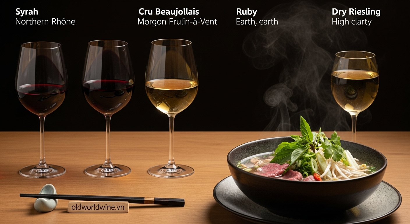 Hình ảnh minh họa kết hợp rượu vang Syrah, Beaujolais và Riesling với món Phở bò Việt Nam, nổi bật nước dùng đậm đà và hương thơm thảo mộc