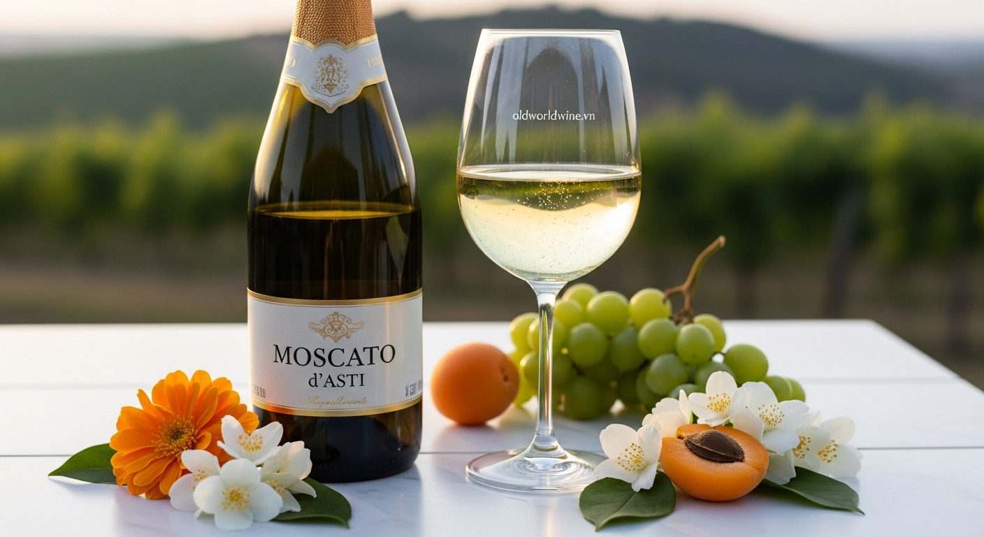 Ly rượu Moscato d’Asti màu vàng nhạt, sủi tăm nhẹ, với hoa trắng và trái cây tươi gợi hương thơm đặc trưng
